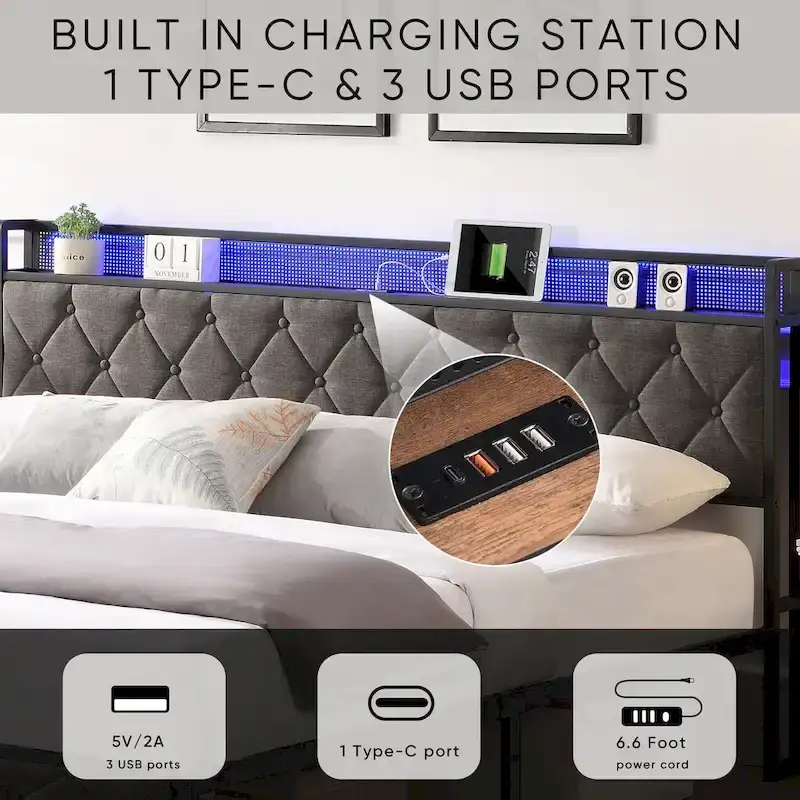King Size Upholstered Platform Bed Frame with LED Headboard and Storage