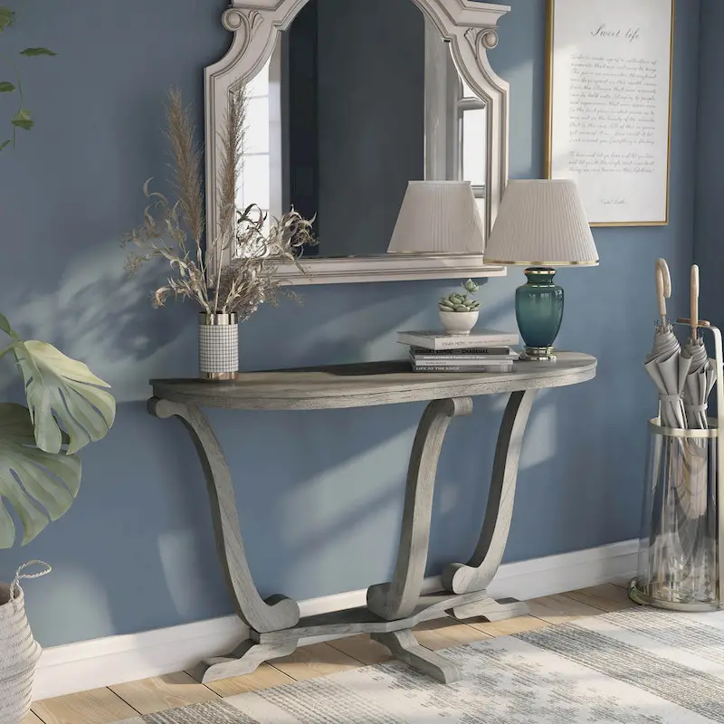 Vintage Grey Oak Half-Oval Console Table, 48W x 16D x 29H in.