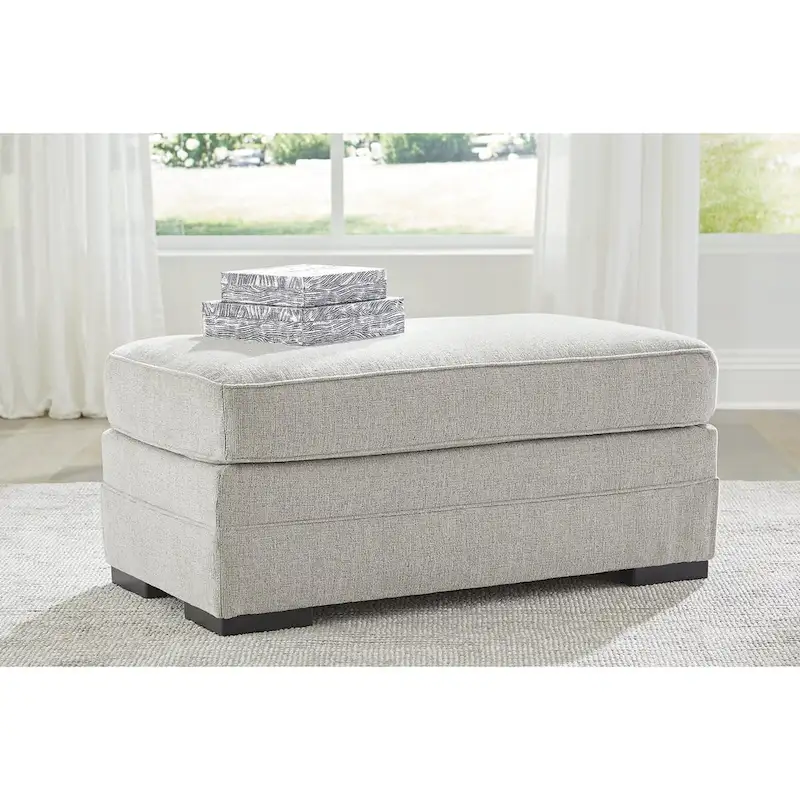 Gray Textured Polyester Ottoman with Faux Wood Legs – 1-Seat
