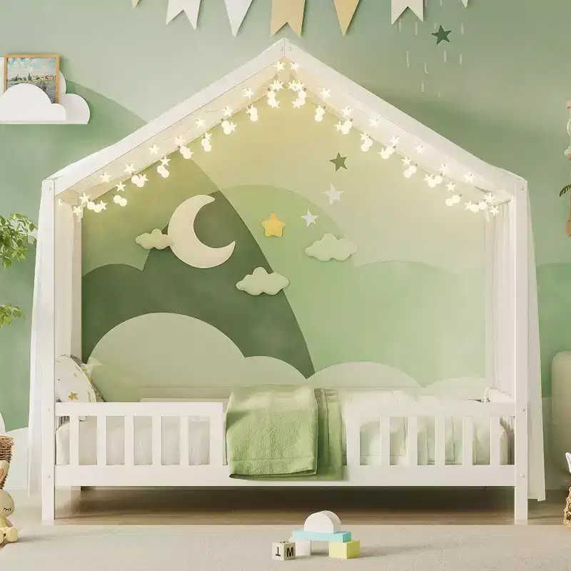 JVNOXK Montessori Floor Bed with Canopy Double Bed Frame, House-Shaped Toddler Bed Frame with High Guardrails, White