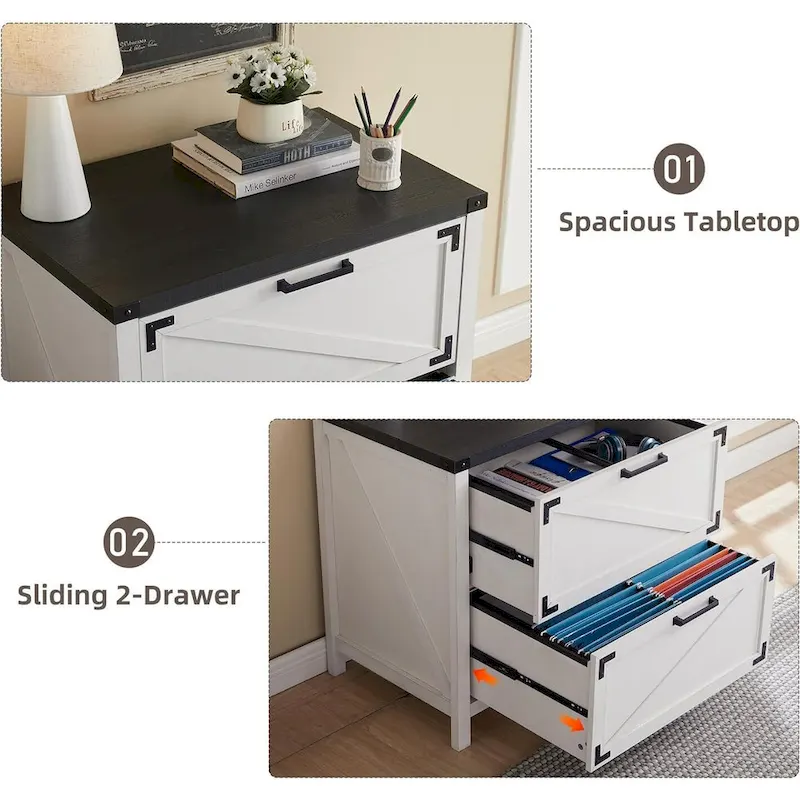 Farmhouse 2 Drawer File Cabinet, Lateral Filing Cabinet with Lock