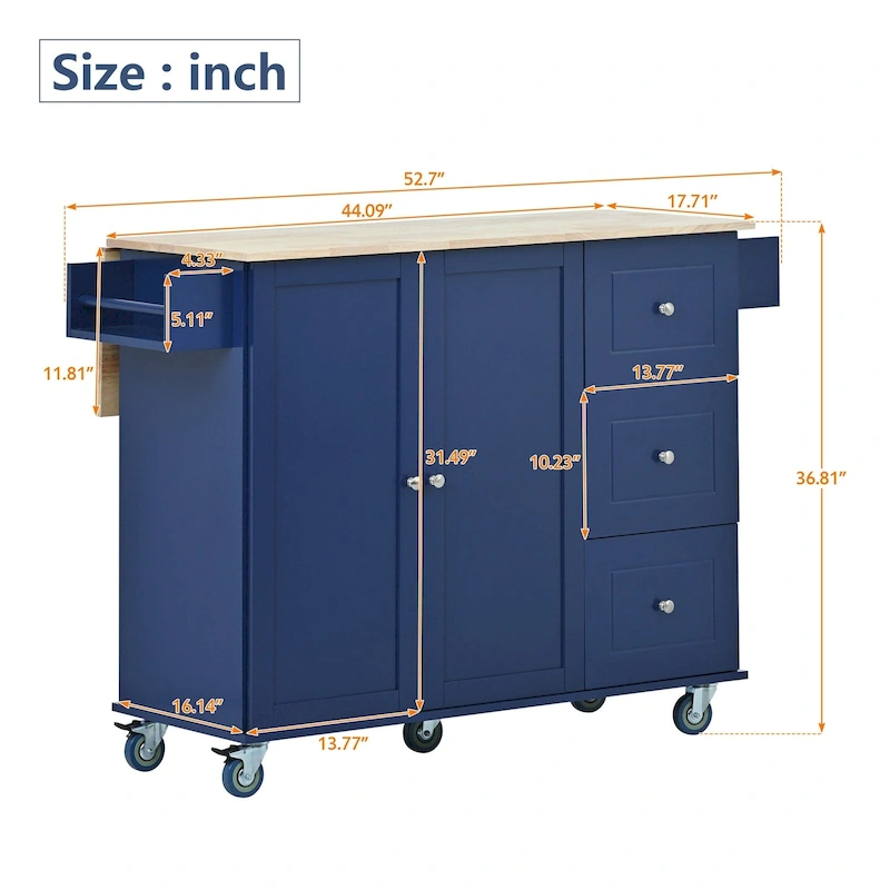 Kitchen Island Cart with Solid Wood Top and Locking Wheels