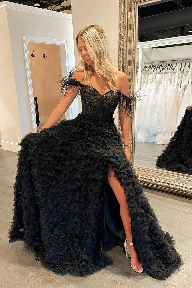 A Line Sweetheart Tiered Tulle Long Prom Dress With Slit