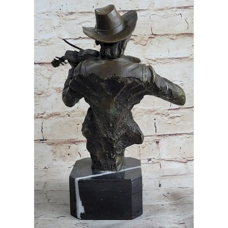 Cowboy Playing Violin Fiddle Music Bronze Sculpture Marble Statue Figurine
