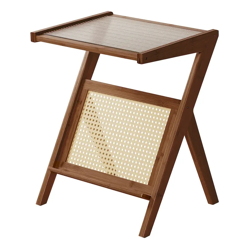 Bamboo Glass Top Side Table Accent End Table with Magazine Rack