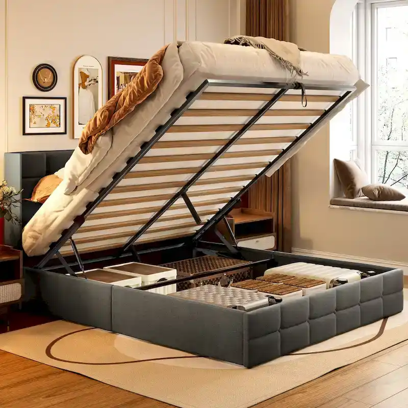 Full/Queen Lift Storage Bed, Beige/Grey, Wingback Headboard, Seats 2