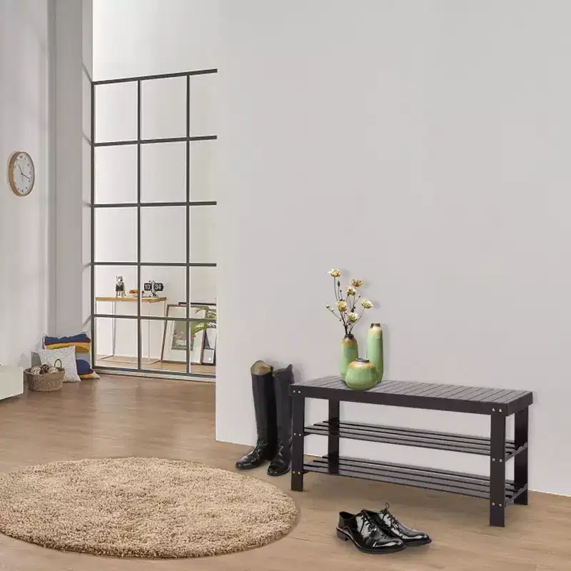 Karl Home 3-Tier Coffee Bamboo 35.43in. W Shoe Rack Shoe Storage Bench