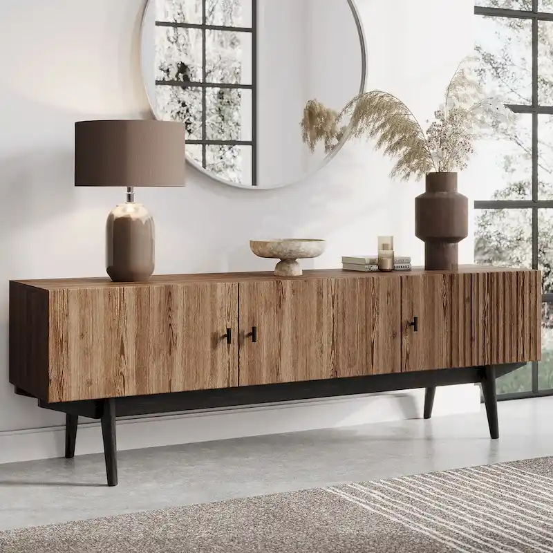 Brown TV Stand — Accommodates TVs up to 65 inches, featuring a slatted design and solid wood legs.