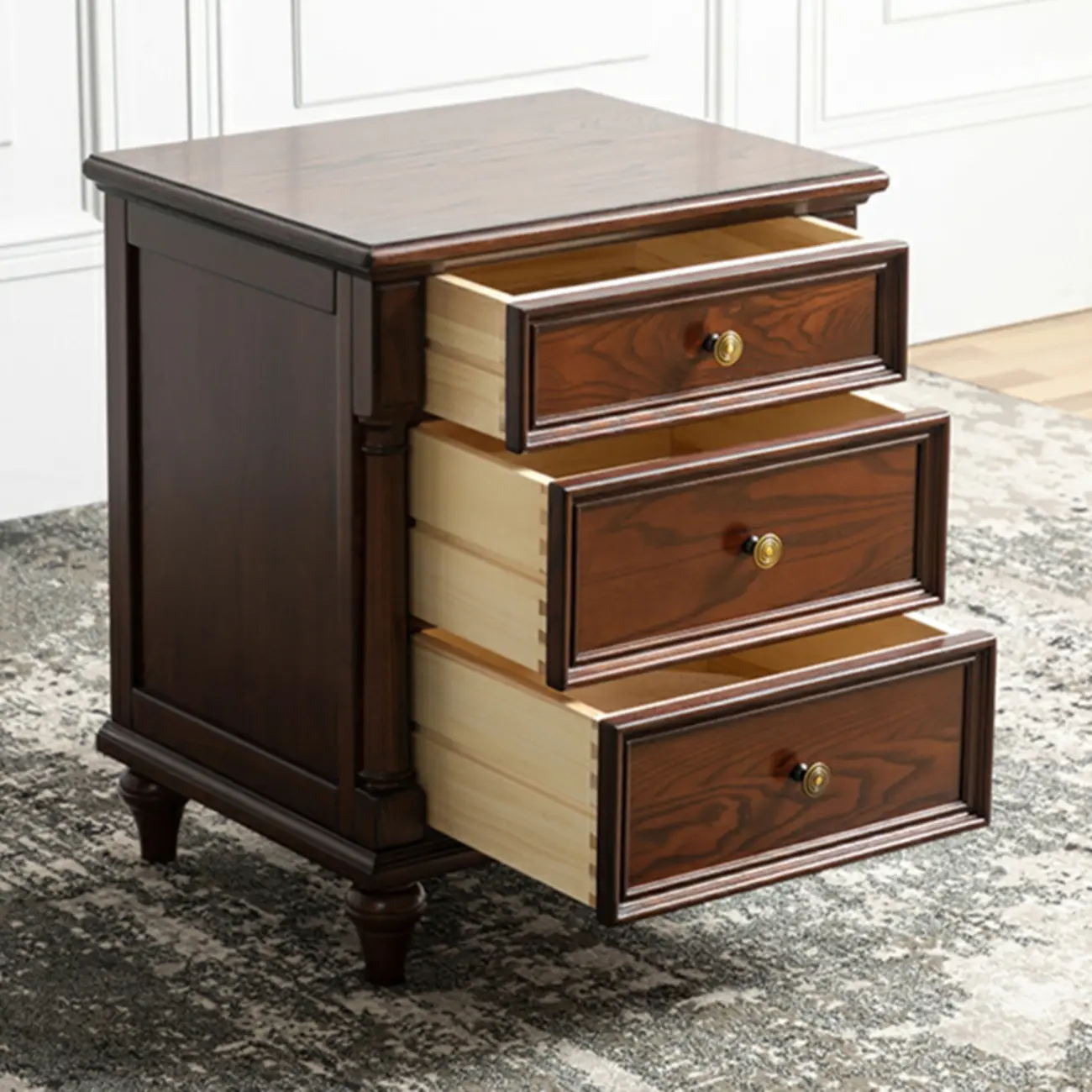 Traditional Ash Wood Nut-Brown 3-Drawer Bedroom Nightstand