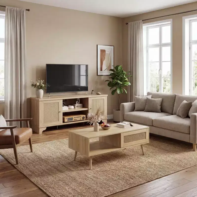 Living Room Table Sets of 2, Includes 47 Rattan TV Stand Storage Cabinet for 55 TV, Farmhouse Coffee Table with Storage Shelf for Bedroom