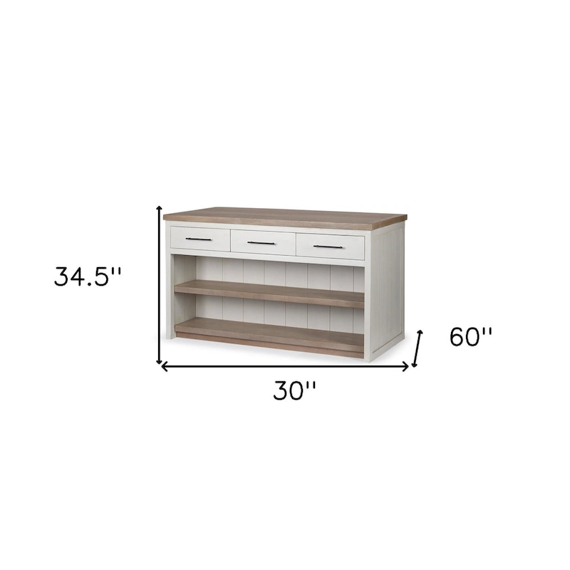 HomeRoots White And Brown Two Tone Wooden Kitchen Island With 3 Drawers - 30' X '34.5' X '60