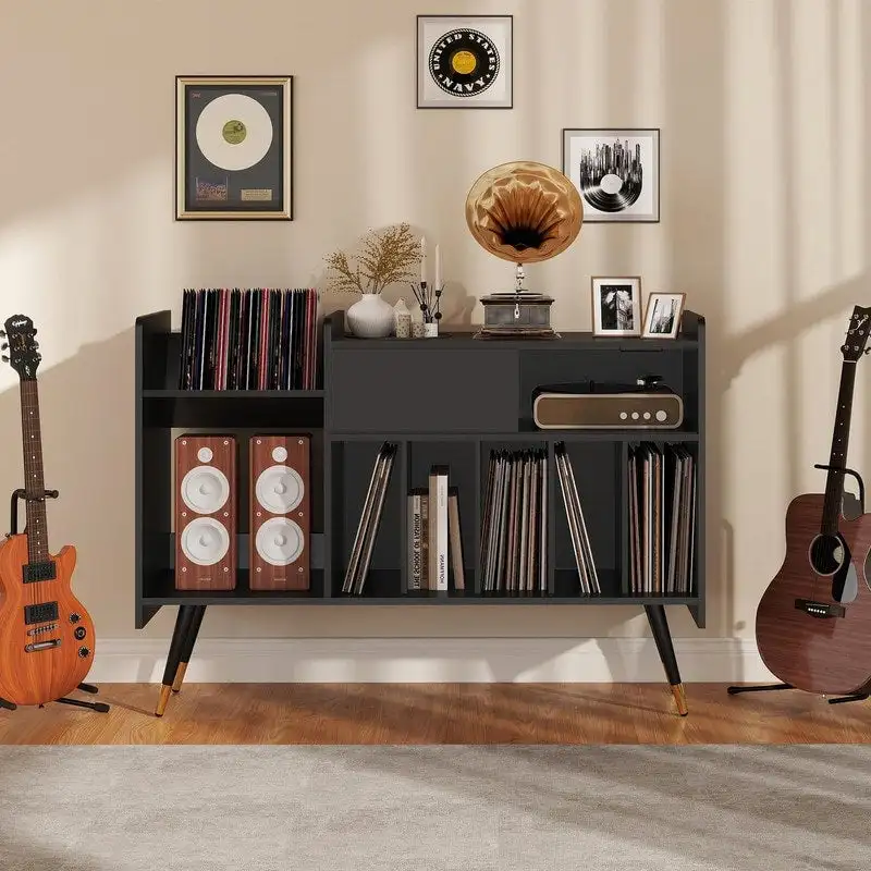 Black MDF Record Player Stand with Vinyl Storage, 1-Person
