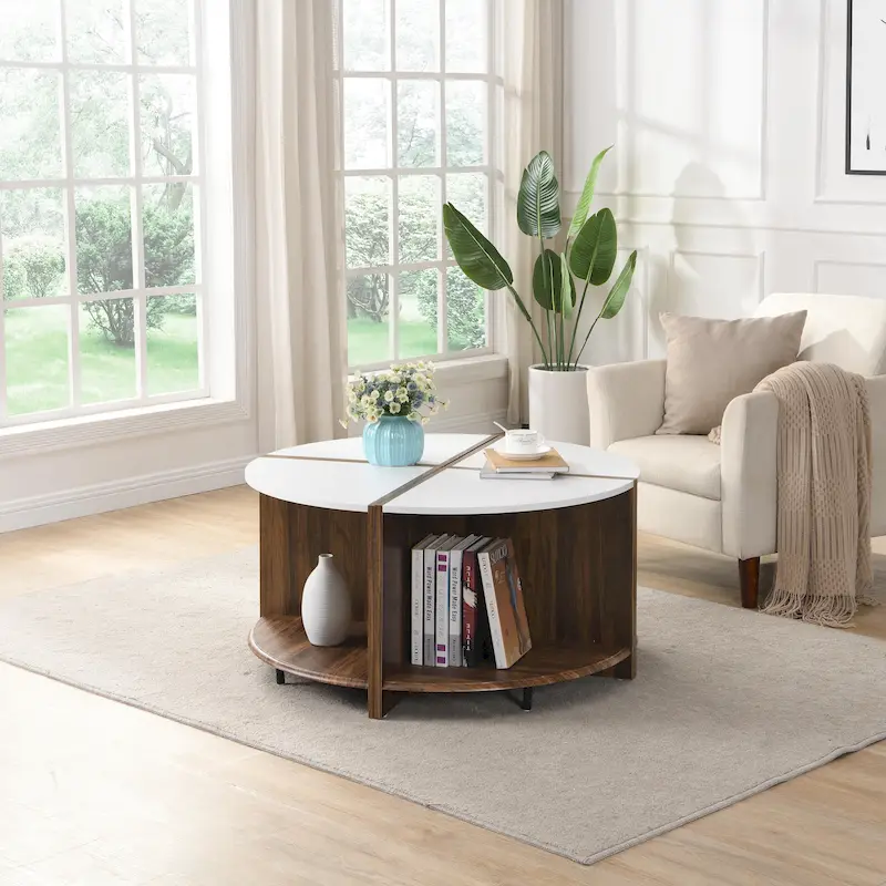 Industrial Round Coffee Table Double Layer Coffee Table with Storage Space, for Living Room Garden, White