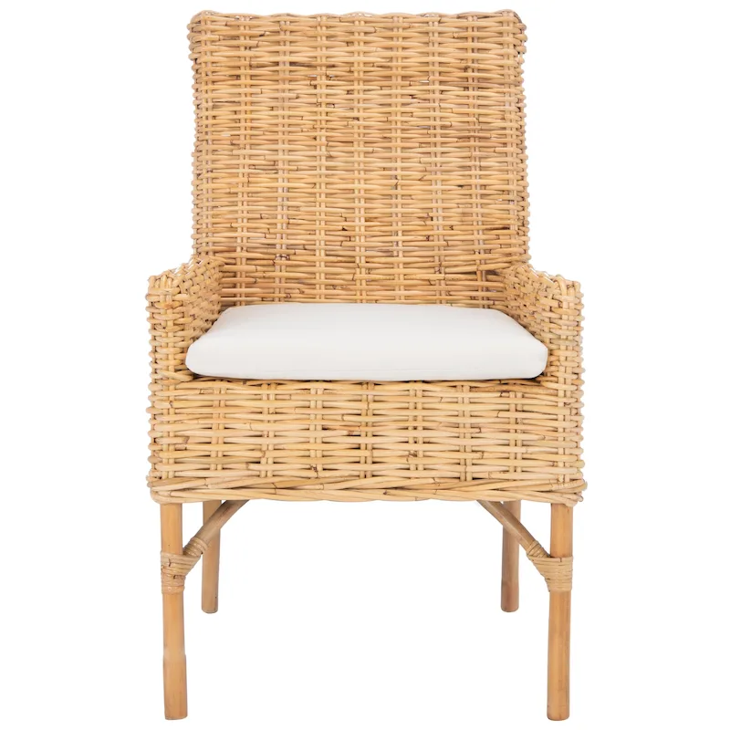 Natural/White & Grey White Wash Coastal Rattan Accent Chair with Cushion, Single Seat