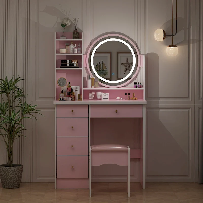 31.5 Wide Makeup Vanity Set with Stool, Mirror,3 Color Light - 31.5W