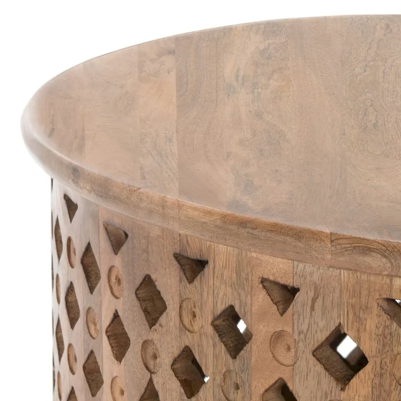 Round Mango Wood Coffee Table with Lattice Base