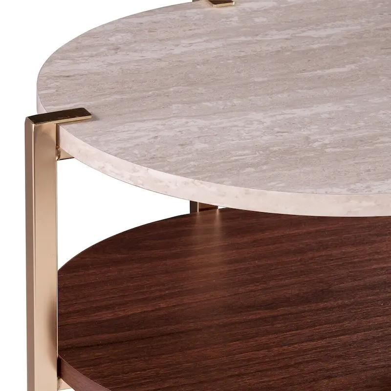 White/Brown Round Two-Tier Side Table with Faux Marble Top & Wood Shelf