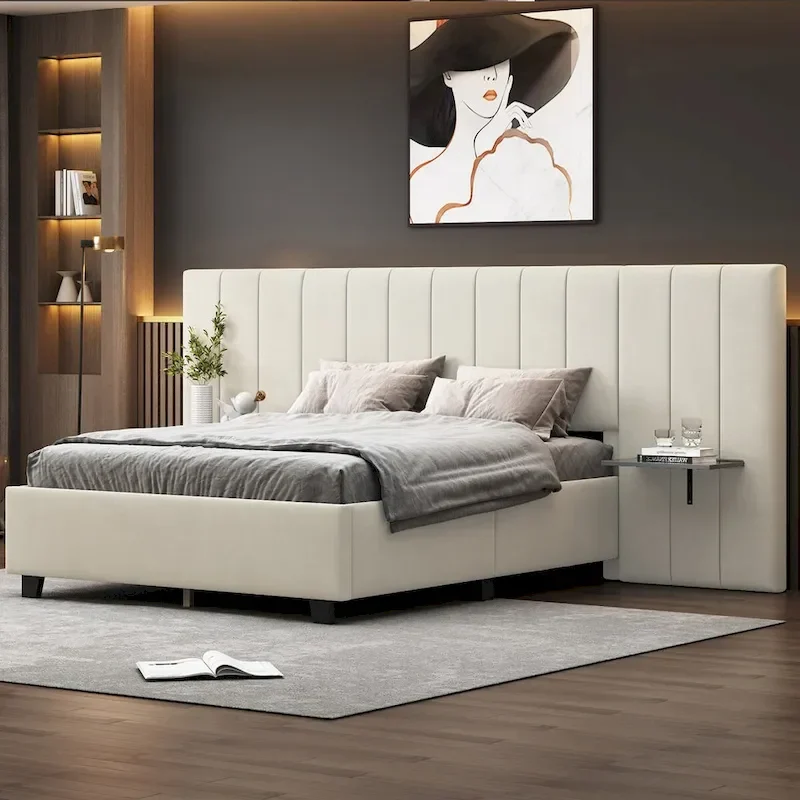 Grey/Pink/Beige Upholstered Platform Bed with Headboard Shelves, Full/Queen, 2-Person Assembly