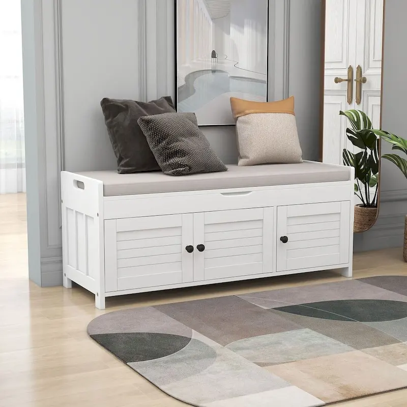 White / Gray Wash / Antique Navy / Espresso – 3-Door Farmhouse Shoe Bench, Seats 2