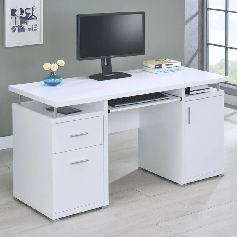 Computer Desk with 2 Drawers and Cabinet in White