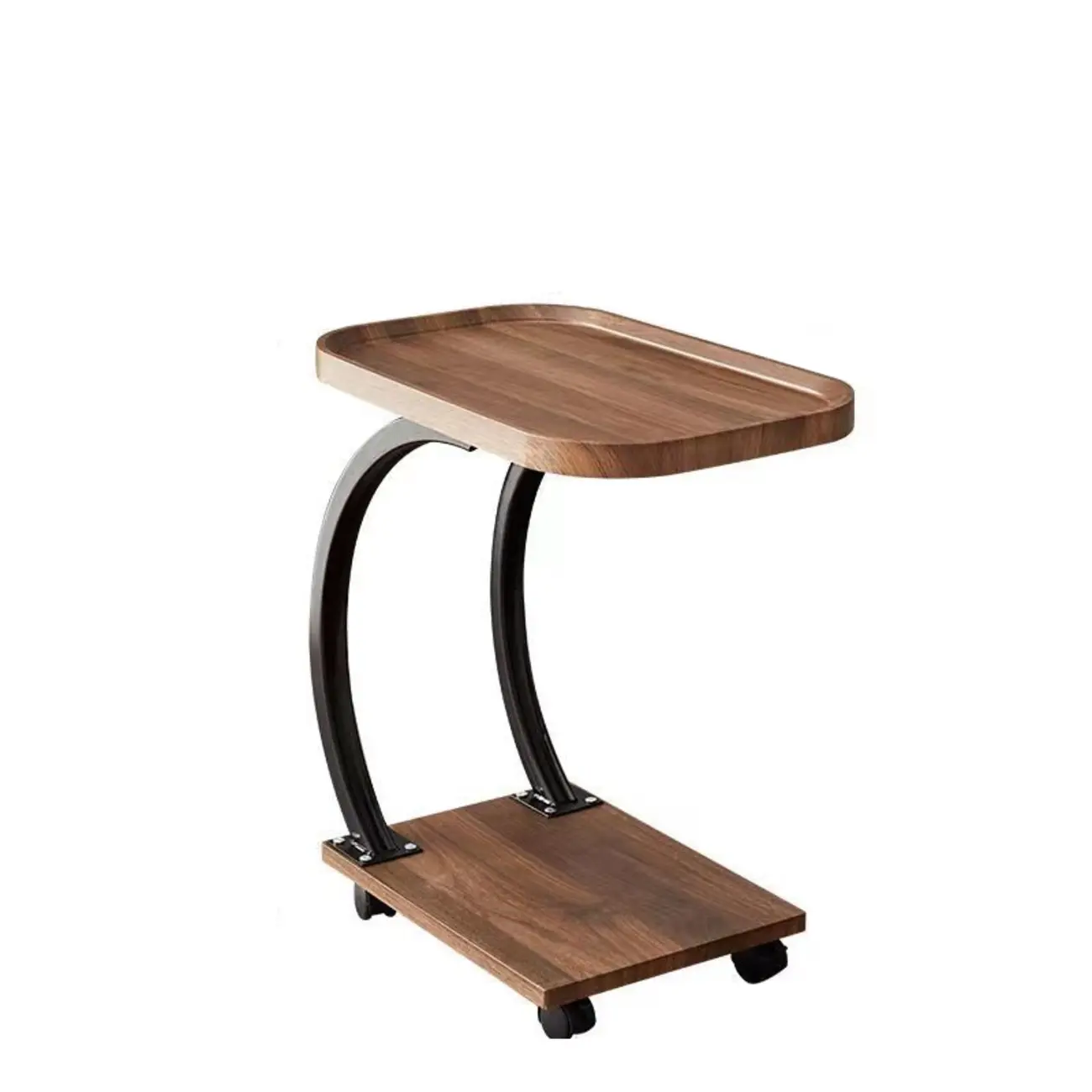 Wooden Round C-Shaped Side Table with Swivel Wheels
