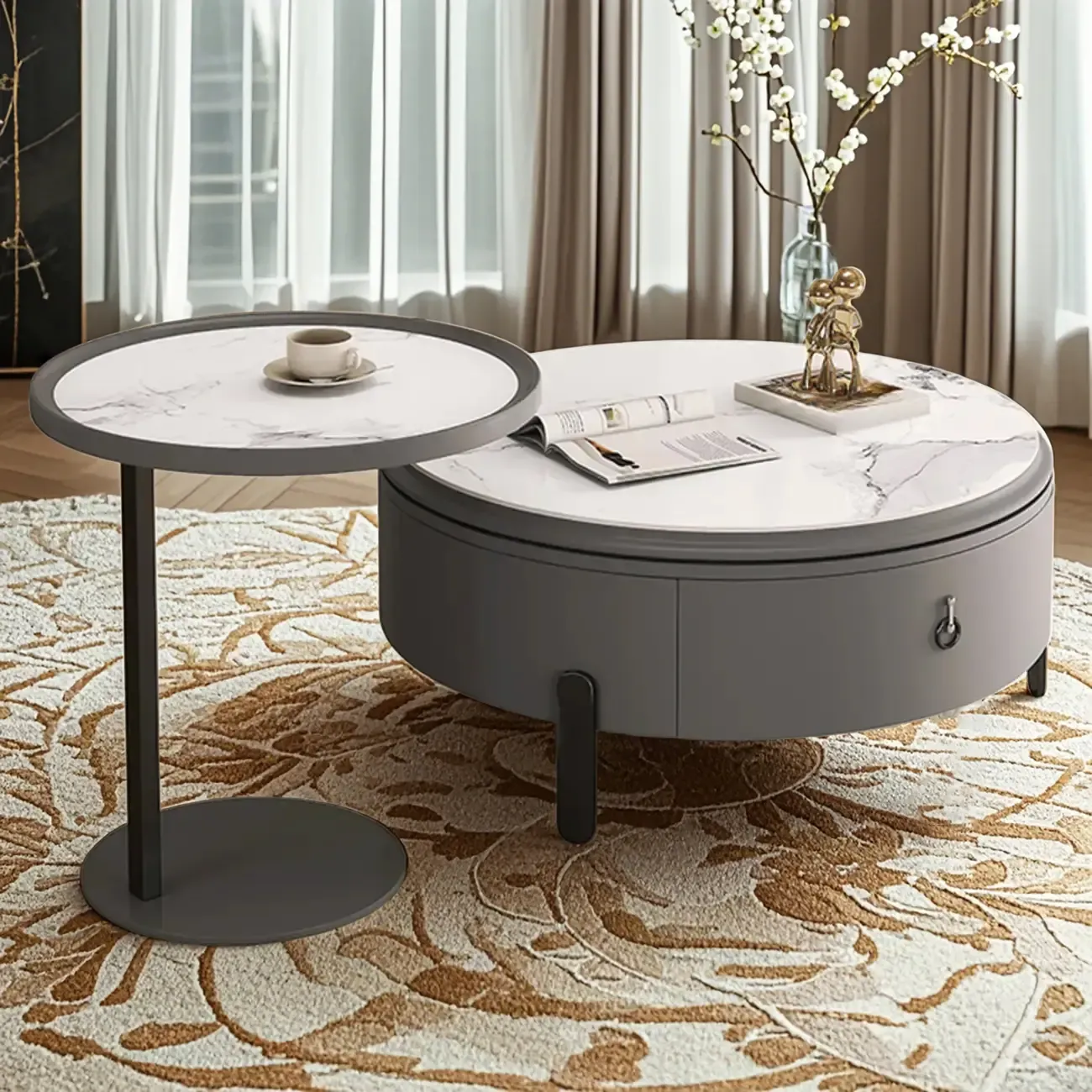 Gray Round Nesting Coffee Table with Storage, Lift Top