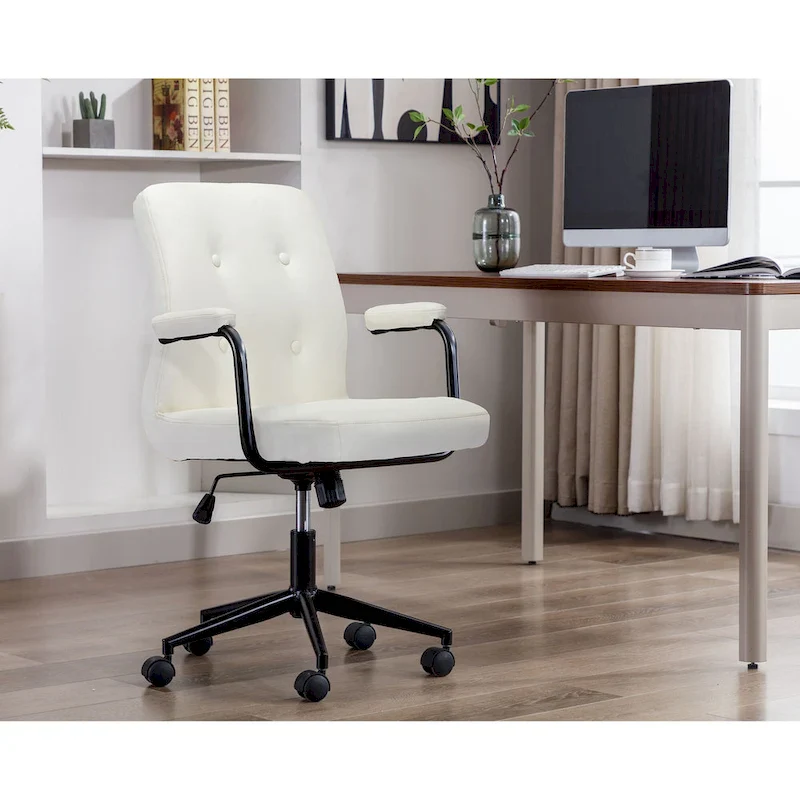 Brown / White / Black Button-Tufted PU Leather Office Chair with Steel Base & Central Tilt – 1-Person