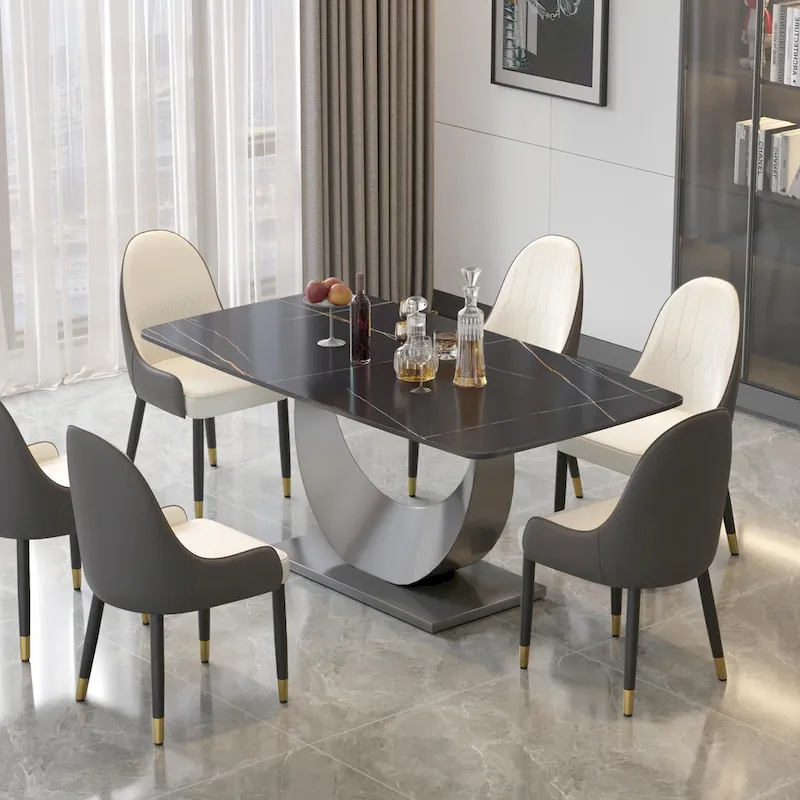Rectangular Sintered Stone Dining Table with Stainless Steel Base - 71 Inch - Seats 6-8