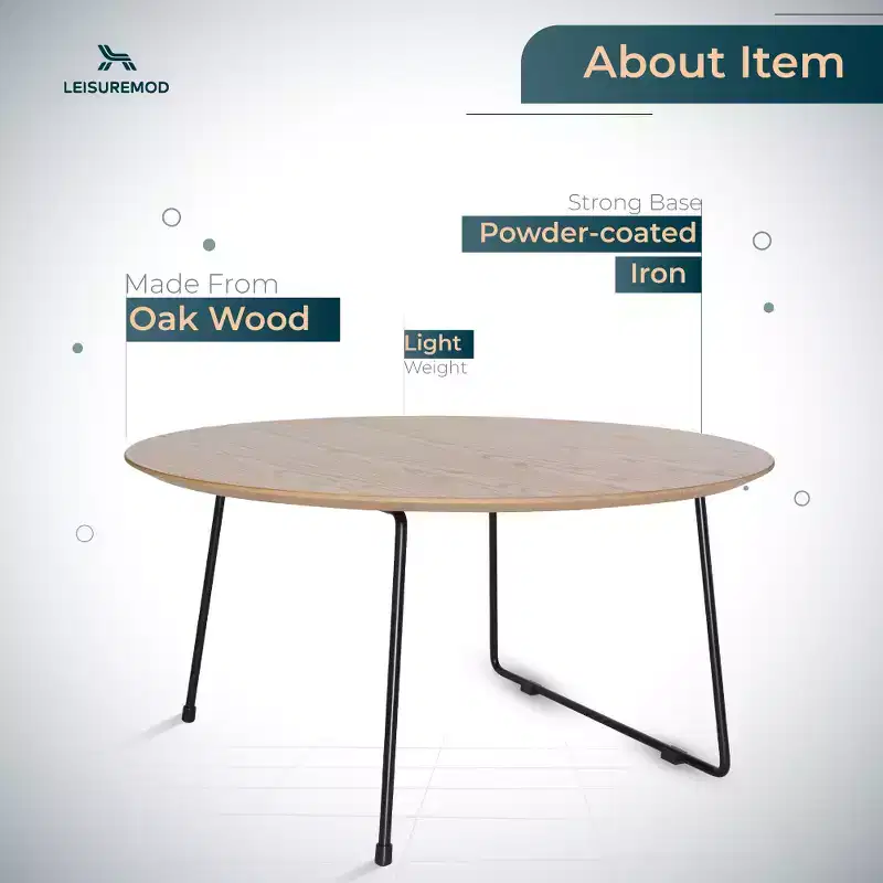 LeisureMod Pembroke Mid-Century Modern Round Coffee Table with Powder-Coated Iron Frame, Natural Wood Top