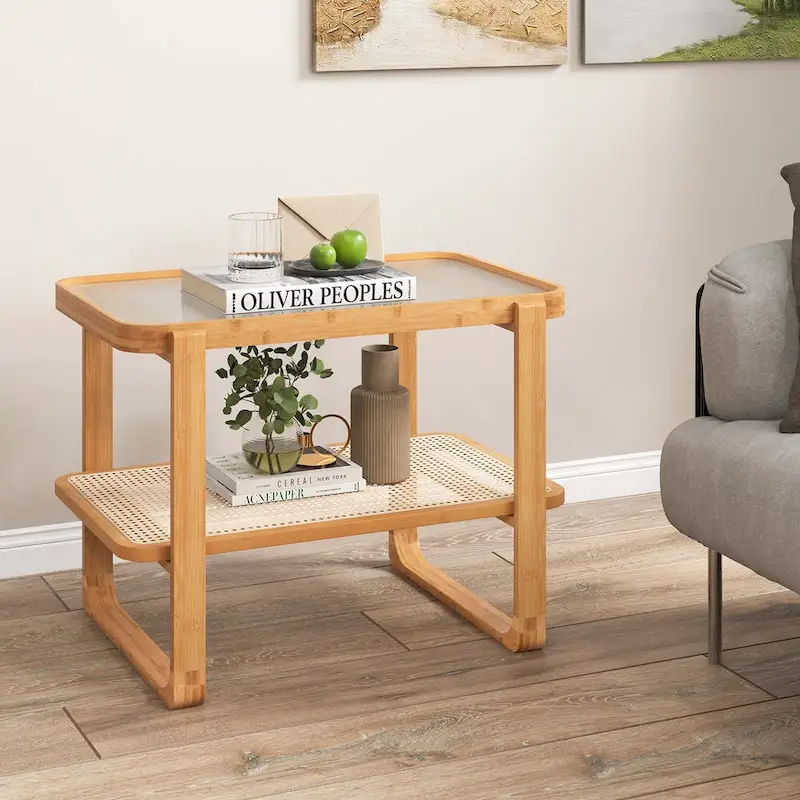 Bamboo Side Table with Rattan Shelf Glass Top Nightstand End Table