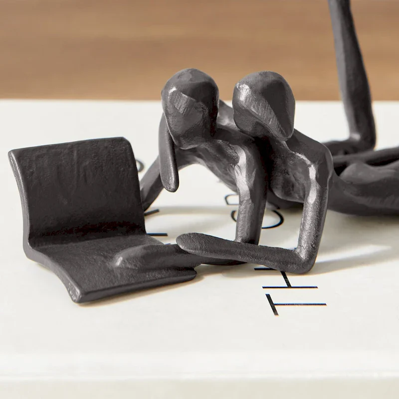 Brown Cast Iron Abstract Couple Reading Book Together Sculpture - Tabletop Figurine For Desks or Shelves
