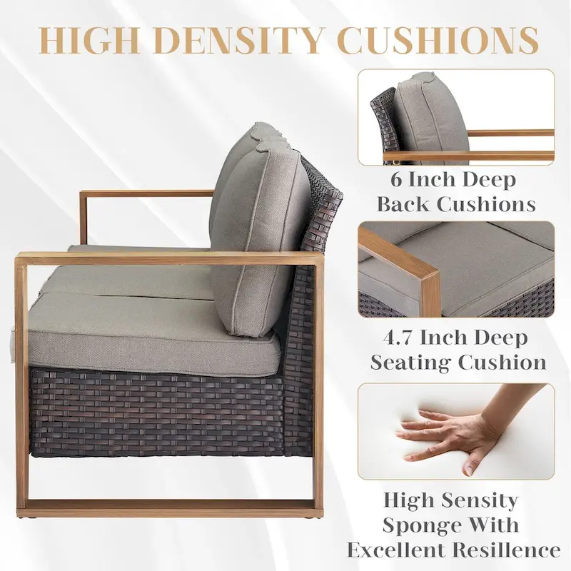 Gymojoy PE Rattan Sofa Deep Seating Sofa with Ottoman - Brown