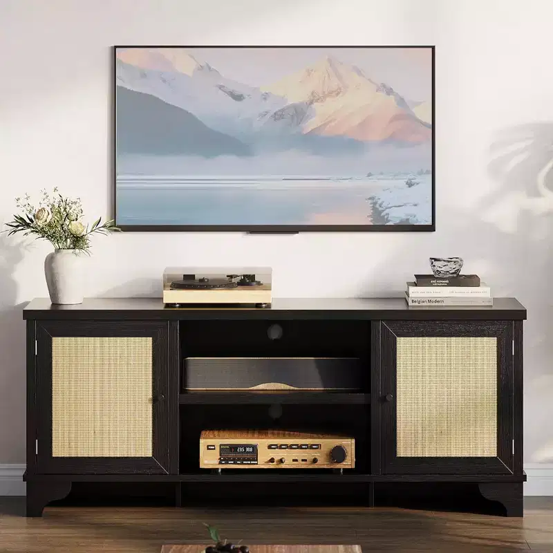 GustoWave Rattan TV Stand Fits TVs Up to 70 Inches, Boho Entertainment Center with Storage, Wooden Media Console Table for Living Room