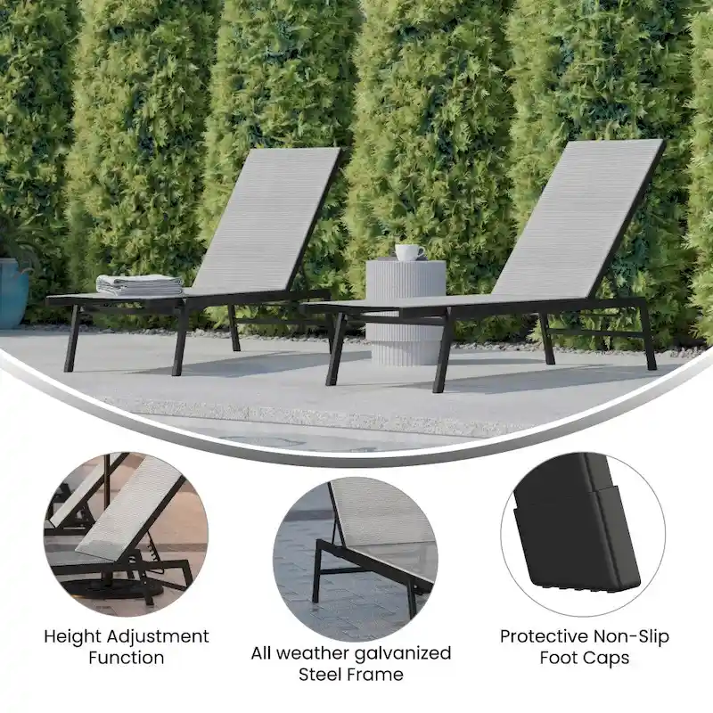 Set of 2 All-Weather Textilene Adjustable Chaise Lounge Chairs with Arms