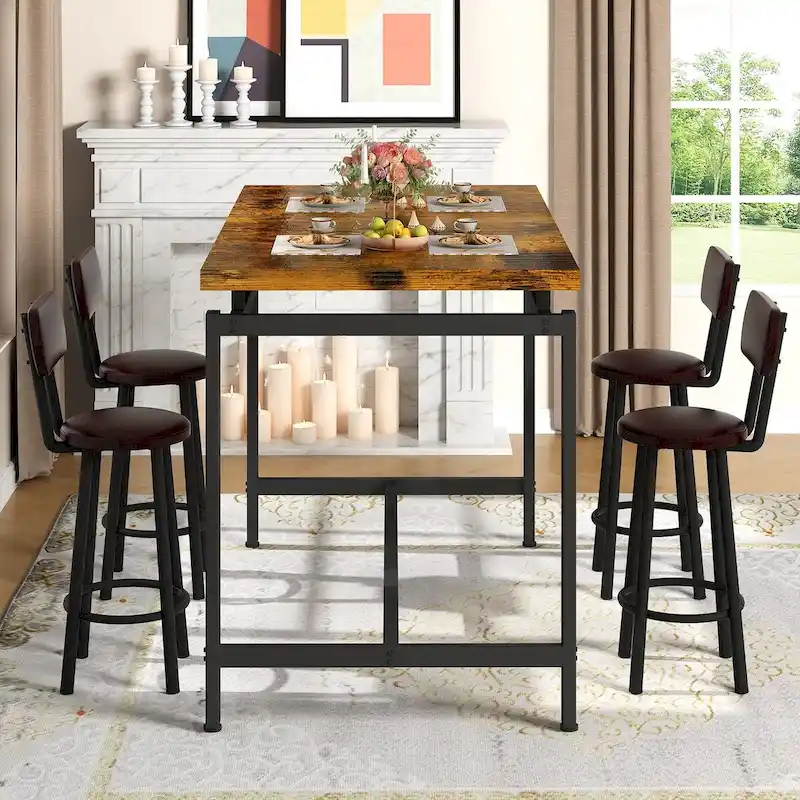 Mieres Industrial Style Rustic 5 Pieces Dining Table Set, Counter Height Dining Table with 4 Upholstered Bar Chairs