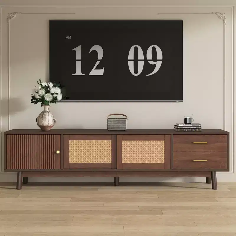 Mid Century TV Stand with Doors for 80 inch TV, Wood TV Storage Cabinet Table with Drawers and Solid Wood Legs for Living Room, Dark Brown