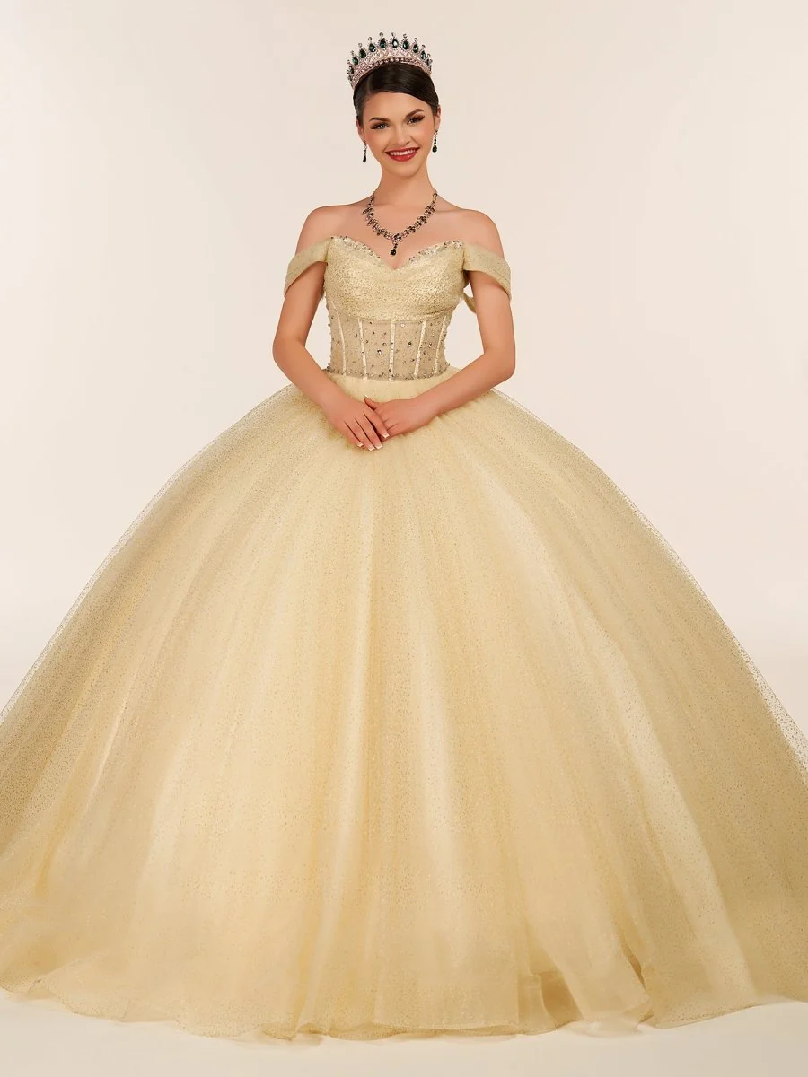 Yellow Ball Gown Tulle Off-the-Shoulder Quincenara Dresses