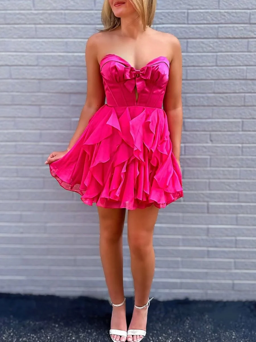 Fuchsia - Strapless A Line Chiffon Ruffled Homecoming Dress With Bow