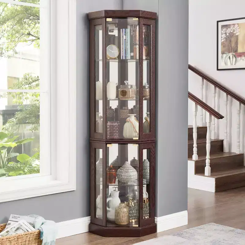 Corner Glass Cabinet with Light, Adjustable Shelves, and Mirrored Back Panels for Living Room Display