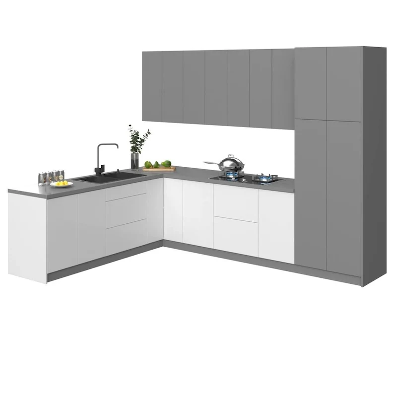 Modern Kitchen Cabinet Set, White Gloss & Gray, 8x10Ft - 126x96 inches