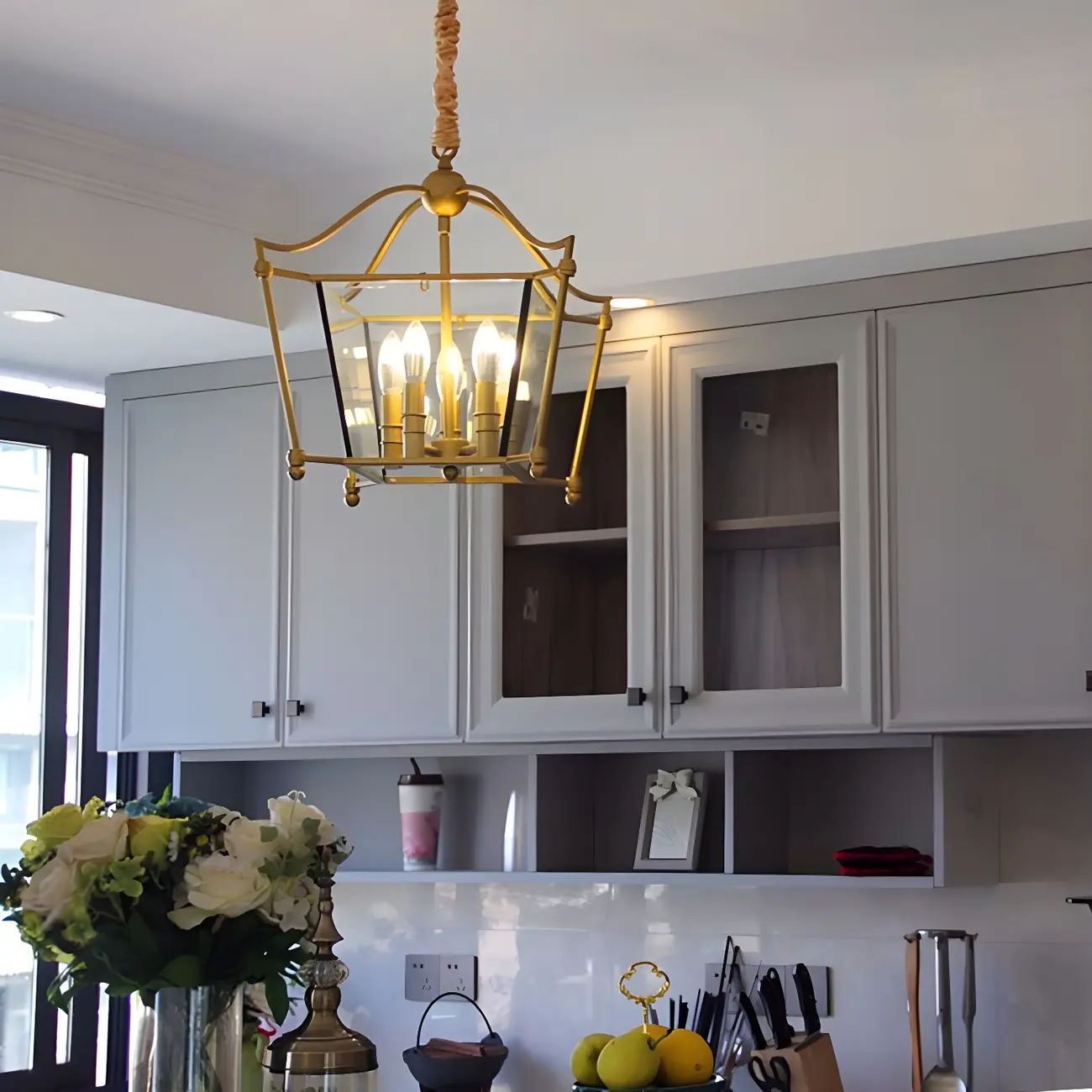 Adjustable Kitchen Gold Square Glass Caged Candle Chandelier
