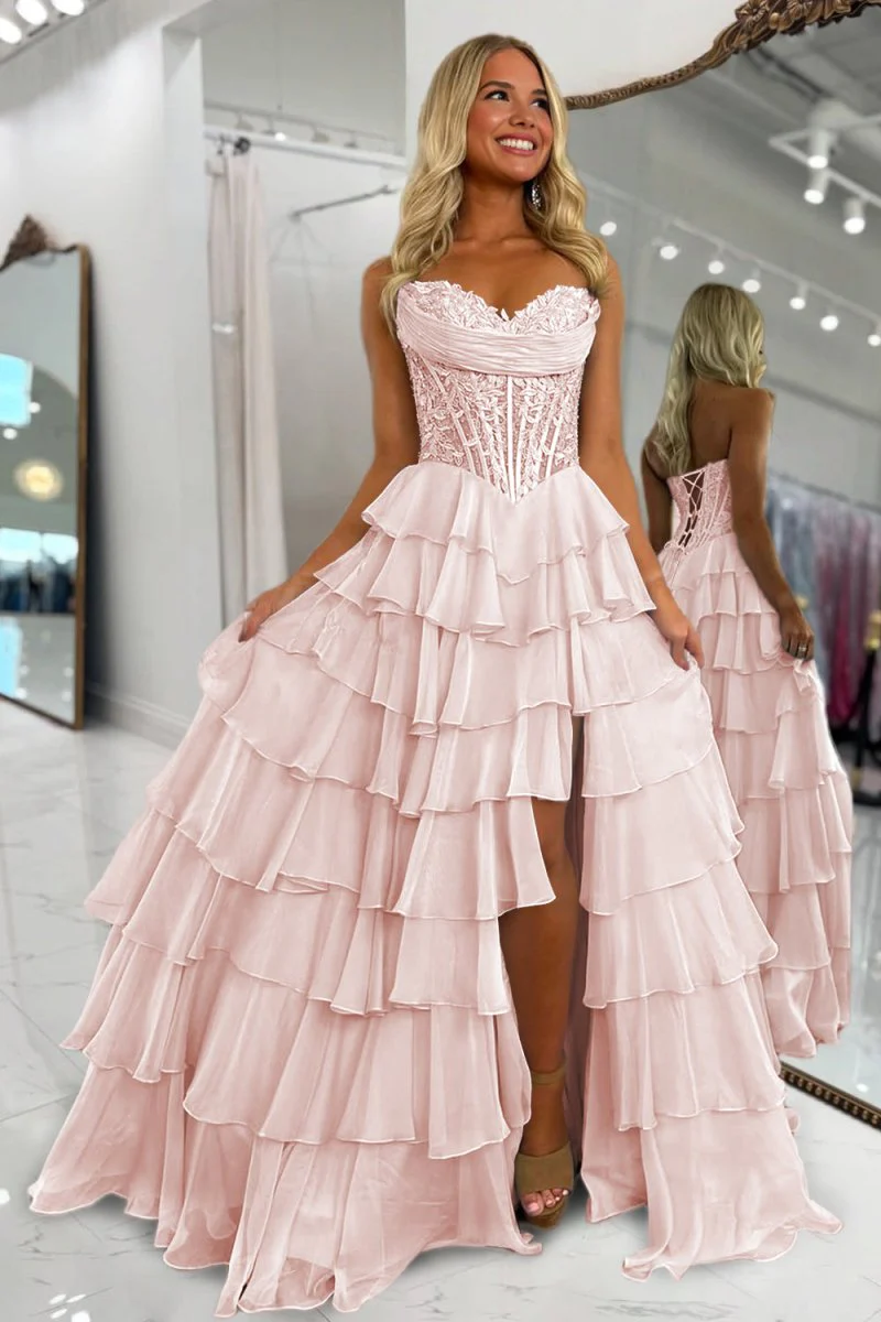 Pink - Strapless A Line Chiffon Ruffled Prom Dresses With Appliques