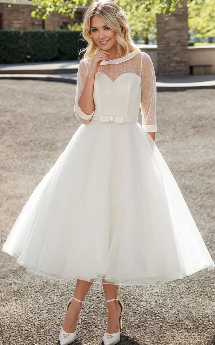 Tea-Length A-Line Bateau Neck Illusion Sleeve Bowed Tulle Wedding Dress