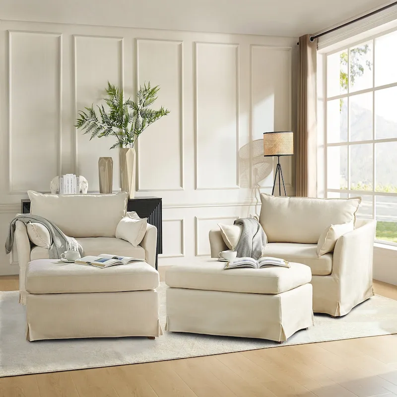 Sophie Modern Oversized Slipcovered Armchair with Ottoman and Lockable Rear Wheels Set of 2