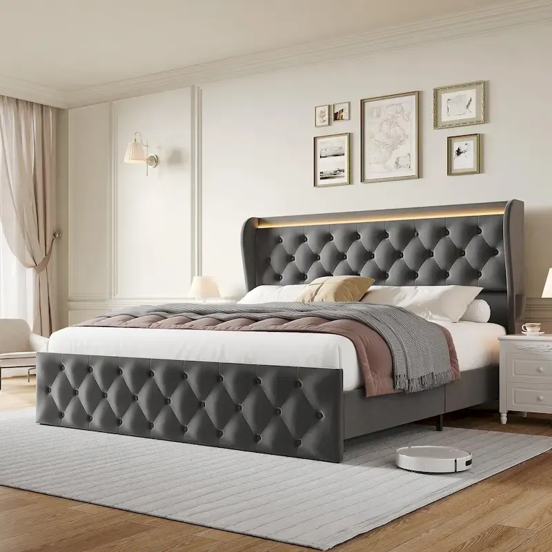 Velvet Upholstered Bed Frame with Wingback Headboard