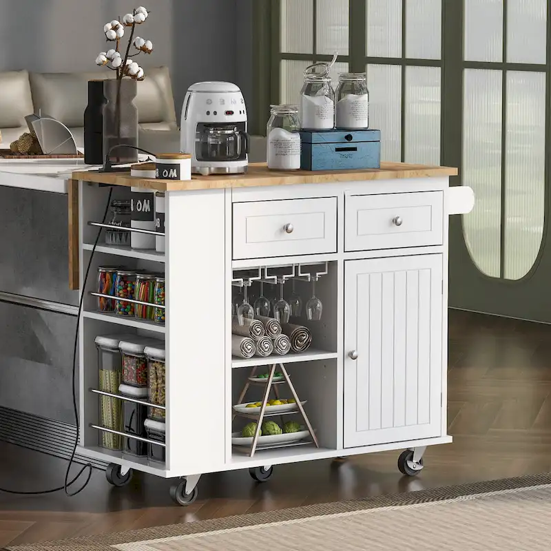 Kitchen Island with Power Outlet,Kitchen Storage Island with Drop Leaf and Rubber Wood - N/A