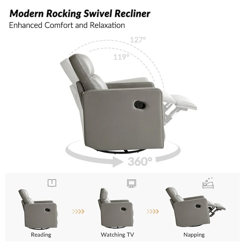 Genuine Leather Swivel Rocker Recliner with Adjustable Headrest - Modern Manual Reclining Chair 360° Rotation