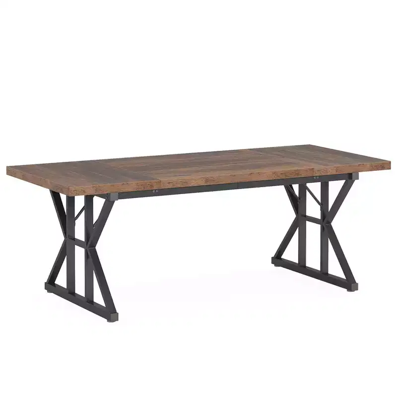 Lantine 70.8-inch Farmhouse Dining Table for 6 People, Rectangular Wood Kitchen Table with Heavy Duty Metal Legs for Dining Room