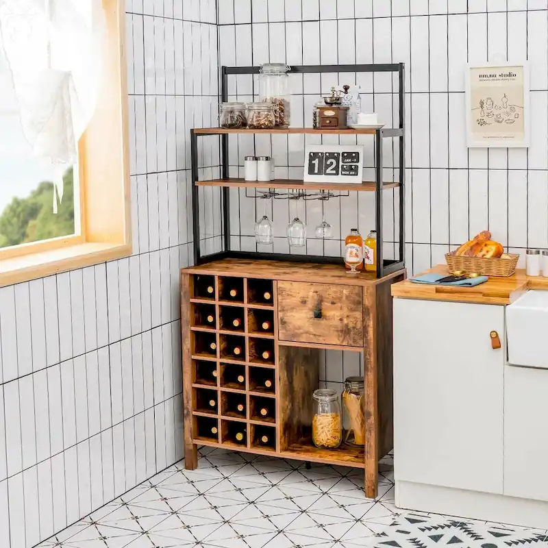 Gymax Kitchen Bakers Rack Freestanding Wine Rack Table w/ Glass Holder