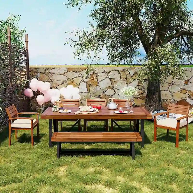 Outdoor Wood Dining Set w/Removable Cushions, Ergonomic Chairs And Bench